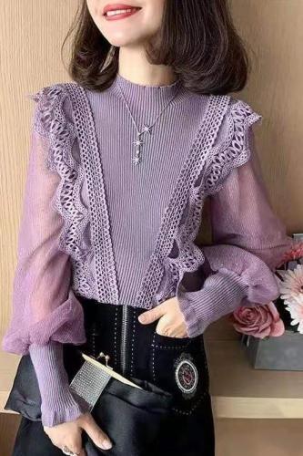 New half turtleneck lace fungus edge chiffon splicing sweater western style bottoming shirt for women