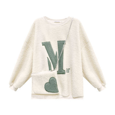 Sweatshirt women's velvet thickening new autumn and winter lazy style mid-length lamb plush oversize top
