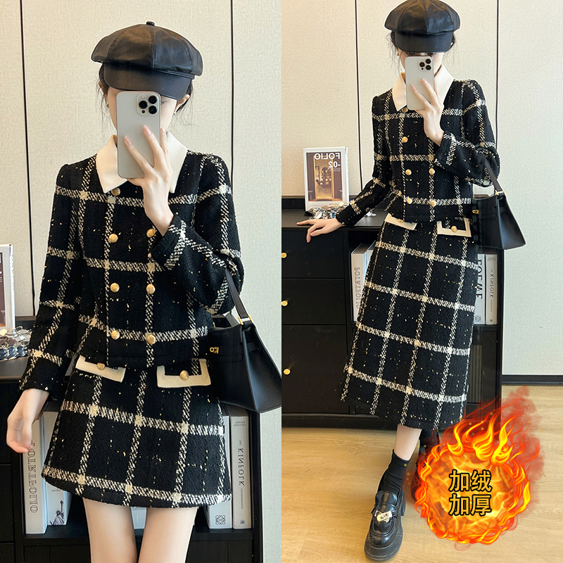 Winter new style fat mm large size plus velvet thickening retro small fragrance style jacket top skirt suit