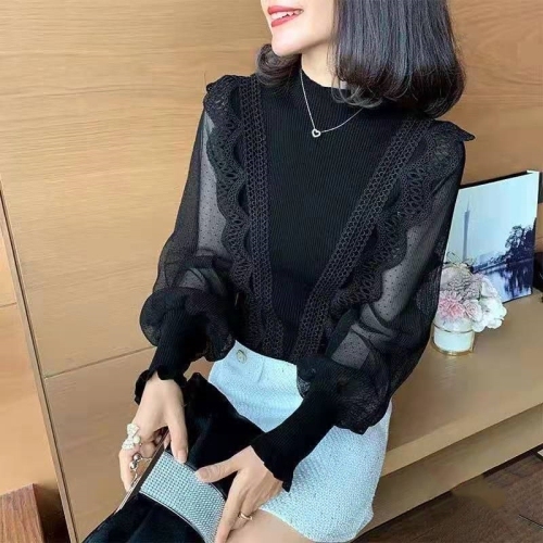 New half turtleneck lace fungus edge chiffon splicing sweater western style bottoming shirt for women