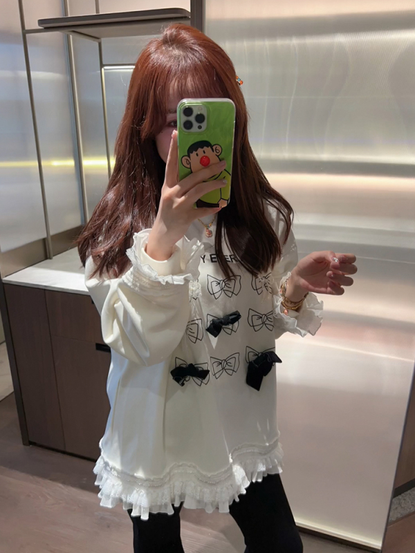 High-quality version plus velvet~Sweet style three-dimensional bow sweatshirt for women in autumn new design niche lace