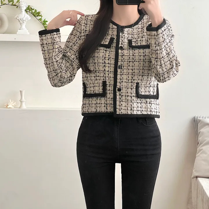 Korean style round neck retro long sleeve short coat small fragrant style houndstooth coat women's single breasted cardigan top