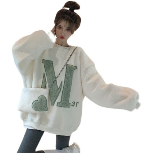 Sweatshirt women's velvet thickening new autumn and winter lazy style mid-length lamb plush oversize top