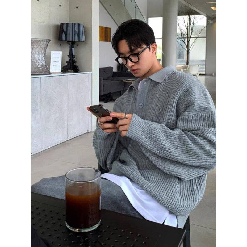 Autumn and winter new American retro casual gray lazy style sweater men's cardigan jacket