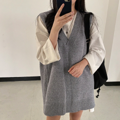 Korean style V-neck layered sleeveless loose fat mm sweater vest knitted dress with belt