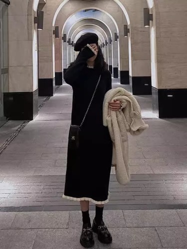 High-end long skirt, black bottoming inner sweater skirt, long-sleeved knitted dress for women