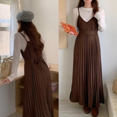 Korean style autumn and winter new suede suspender dress Maillard layered waist pleated skirt mid-length skirt