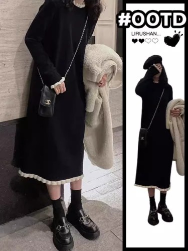High-end long skirt, black bottoming inner sweater skirt, long-sleeved knitted dress for women