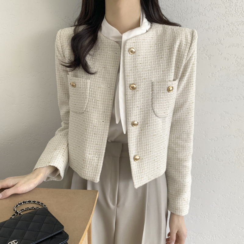 Korean autumn new product Xiaoxiangfeng bright silk mixed color slub short woolen coat suit