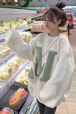Sweatshirt women's velvet thickening new autumn and winter lazy style mid-length lamb plush oversize top