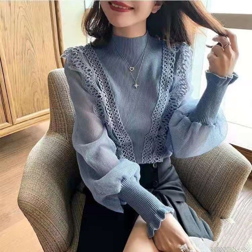 New half turtleneck lace fungus edge chiffon splicing sweater western style bottoming shirt for women