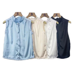 Summer new design French stand-up collar, pearlescent satin sleeveless vest top with fungus edge