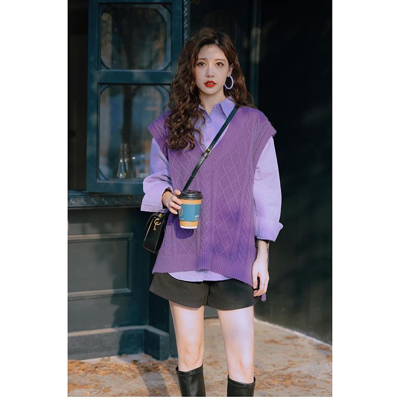 New Spring and Autumn Style Slightly Fat Girl British Style Knitted Vest Shirt Versatile Shorts High-Quality Three-piece Set