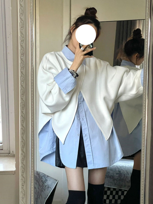 Autumn new design crossover loose long-sleeved sweatshirt for women + polo collar Korean style versatile shirt two-piece suit