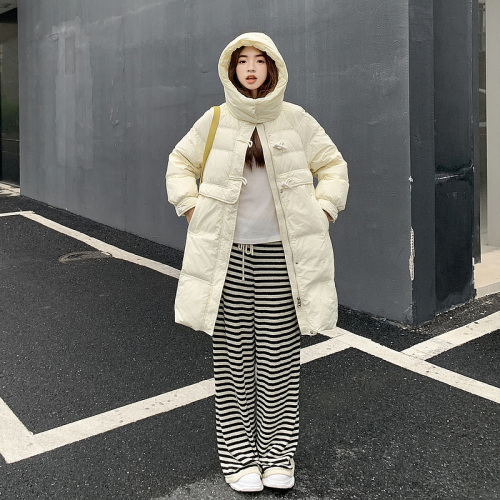 Winter Korean style loose and versatile hooded down jacket for women long over the knee thickened warm solid color jacket trendy