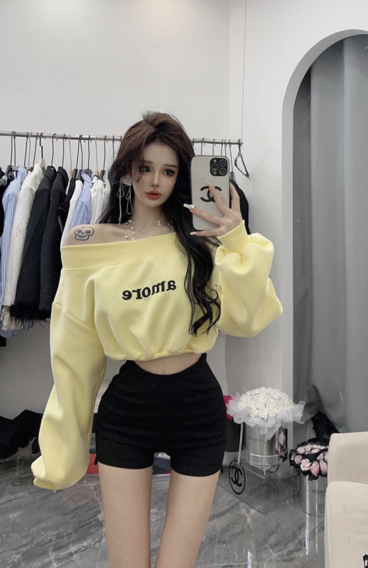 Spring new Korean fashion hot girl one-line collar off-shoulder letter print loose slimming long-sleeved sweatshirt for women