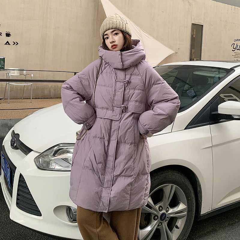 Winter Korean style loose and versatile hooded down jacket for women long over the knee thickened warm solid color jacket trendy