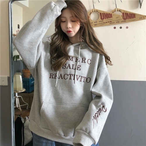 Real shot of large sweatshirt 250g plus velvet letter embroidery loose casual hooded plus velvet sweatshirt women's trend