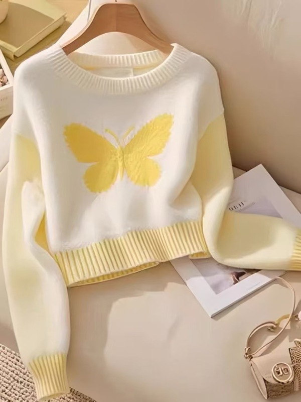 Women's high-end round neck sweater women's autumn and winter yellow butterfly pullover sweater