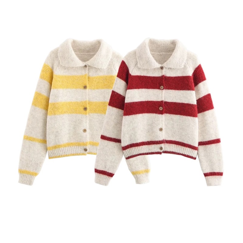 Korean retro contrasting color striped lapel sweater cardigan coat for women in autumn and winter loose lazy style little knitted sweater