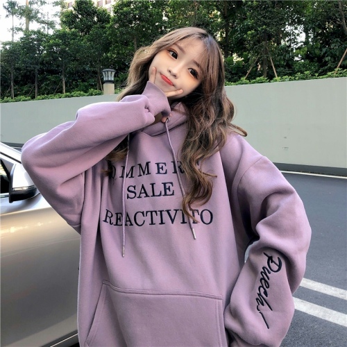 Real shot of large sweatshirt 250g plus velvet letter embroidery loose casual hooded plus velvet sweatshirt women's trend