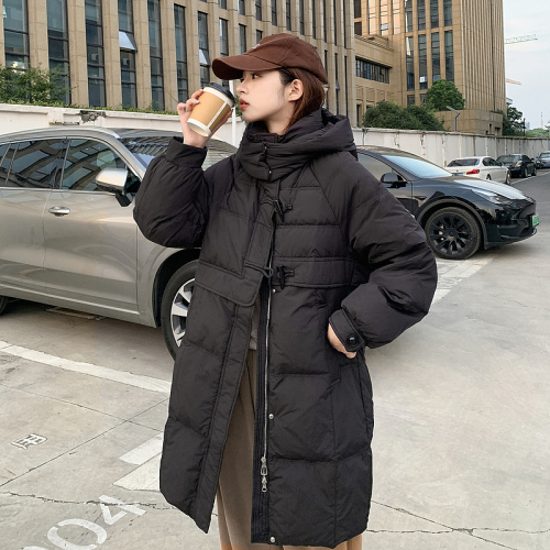 Winter Korean style loose and versatile hooded down jacket for women long over the knee thickened warm solid color jacket trendy