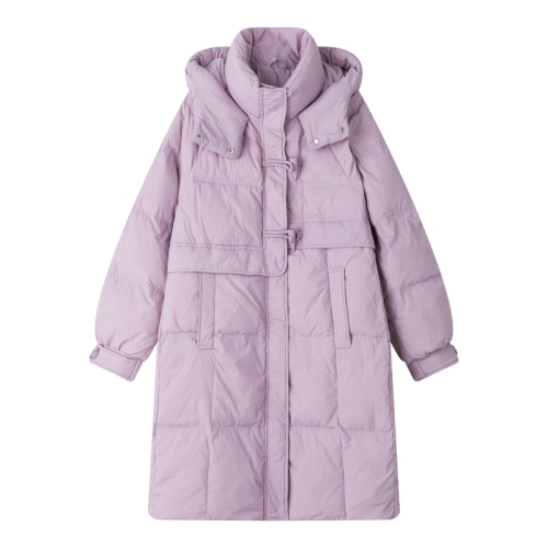 Winter Korean style loose and versatile hooded down jacket for women long over the knee thickened warm solid color jacket trendy