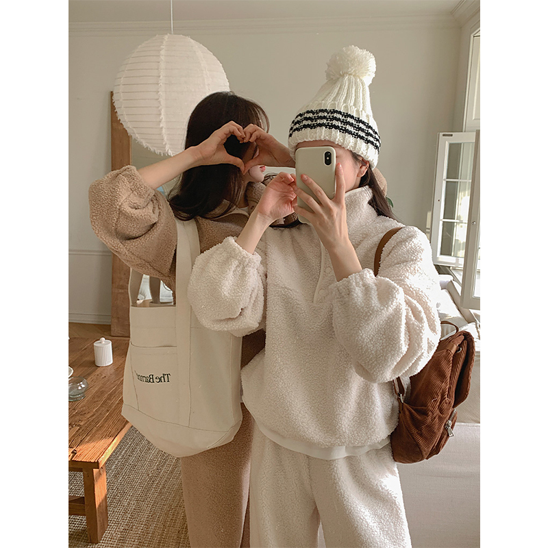 Korean style warm and anti-freeze imitation sherpa stand collar zipper drawstring sweatshirt elastic waist leggings casual pants set