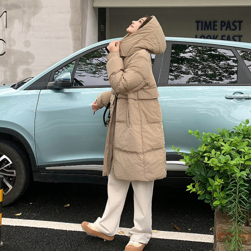 Winter Korean style loose and versatile hooded down jacket for women long over the knee thickened warm solid color jacket trendy