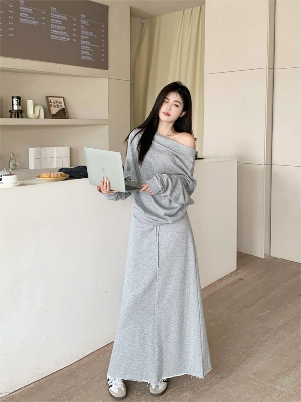 Actual shot ~ Large size retro gray off-shoulder casual suit with drawstring fishtail half-length skirt two-piece set
