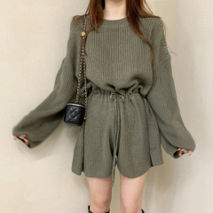 Spot Korean chic retro drawstring lace-up waist long-sleeved knitted wide-leg jumpsuit shorts for women