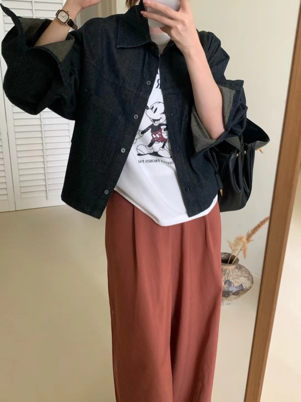 Korean lapel nostalgic color long-sleeved denim short jacket casual loose versatile denim cardigan