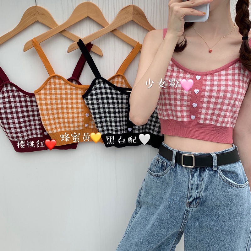 New plaid camisole women's inner layer with Hyuna style short navel-baring knitted bottoming shirt top