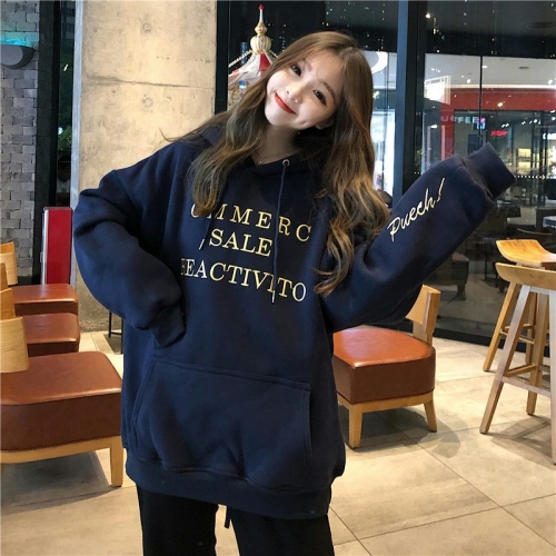 Real shot of large sweatshirt 250g plus velvet letter embroidery loose casual hooded plus velvet sweatshirt women's trend