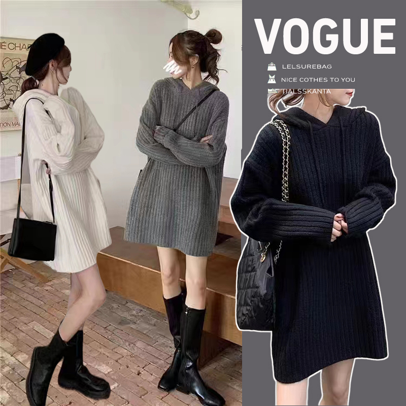 Ready stock maternity wear mid-length hooded sweater autumn and winter new sweatshirt lazy style loose thickened knitted bottoming