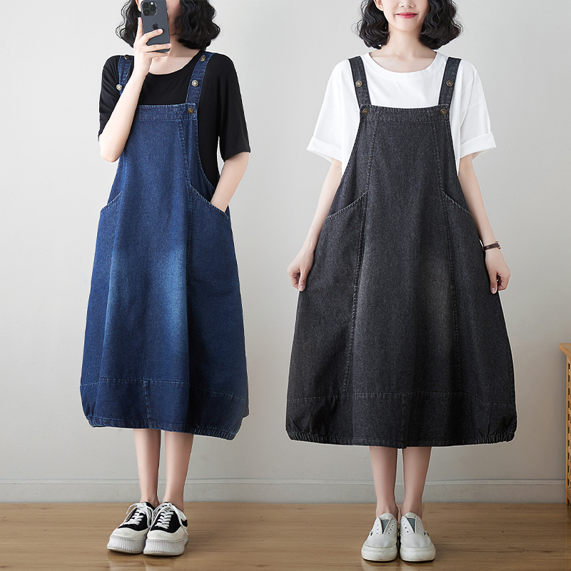Sand-washed copper button denim, versatile, fashionable, loose, slimming mid-length skirt, age-reducing camisole skirt