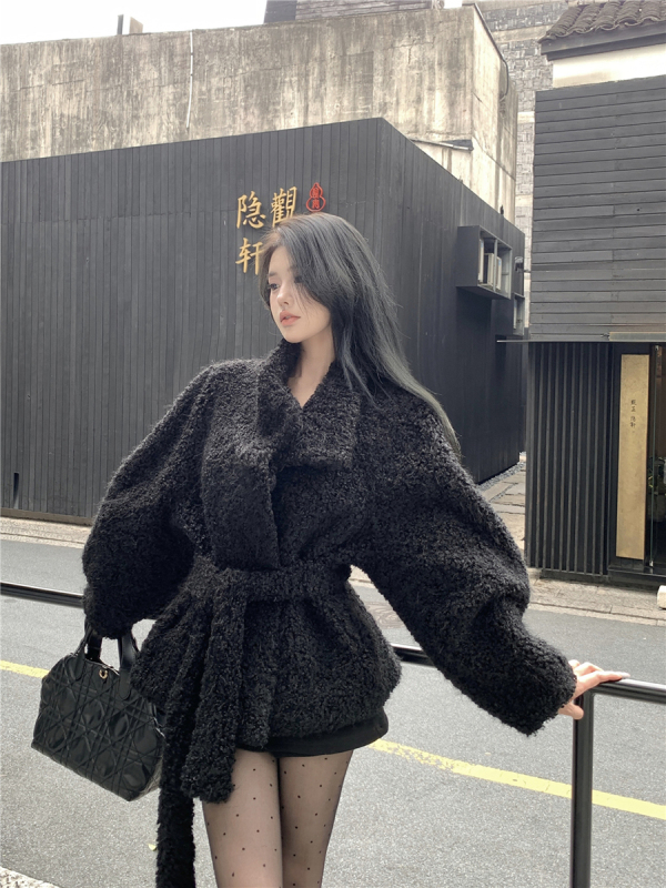 Retro sexy stand-up collar fur all-in-one short lace-up fur coat for women