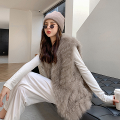 Winter new thin striped fox fur vest for women mid-length slim fur coat young vest
