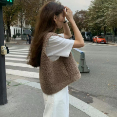 Korean style gentle and versatile V-neck fur one-piece cute age-reducing sleeveless vest