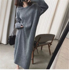 Autumn and winter new Korean loose lazy hooded knitted wool sweater over-the-knee sweater dress women's long set