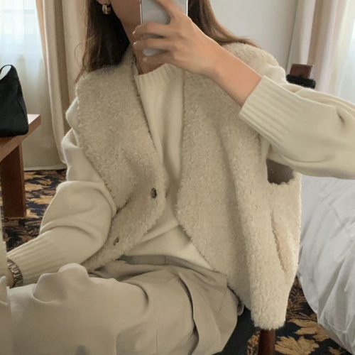 Korean style gentle and versatile V-neck fur one-piece cute age-reducing sleeveless vest
