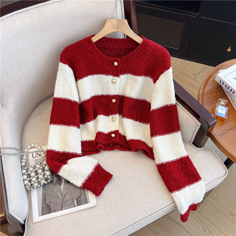New Korean chic striped sweater knitted cardigan for women autumn and winter short long-sleeved top