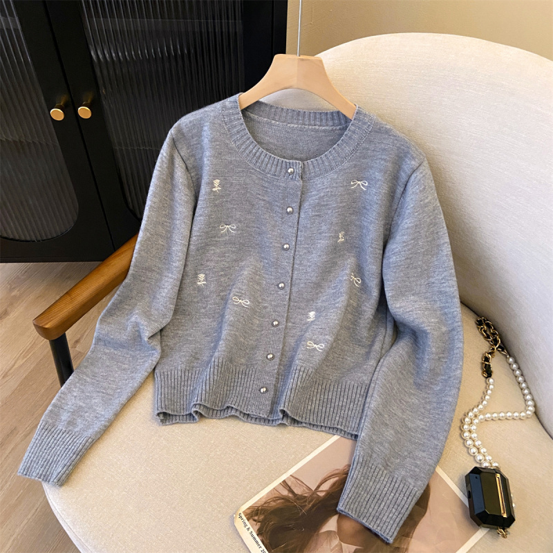 Korean bow embroidered knitted cardigan high-end niche design wool jacket top for women