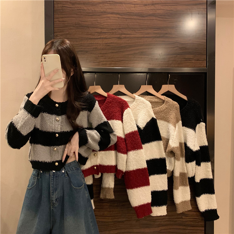 New Korean Style Autumn and Winter Contrast Color Striped Sweater Women's Round Neck Versatile Cardigan Loose Short Top