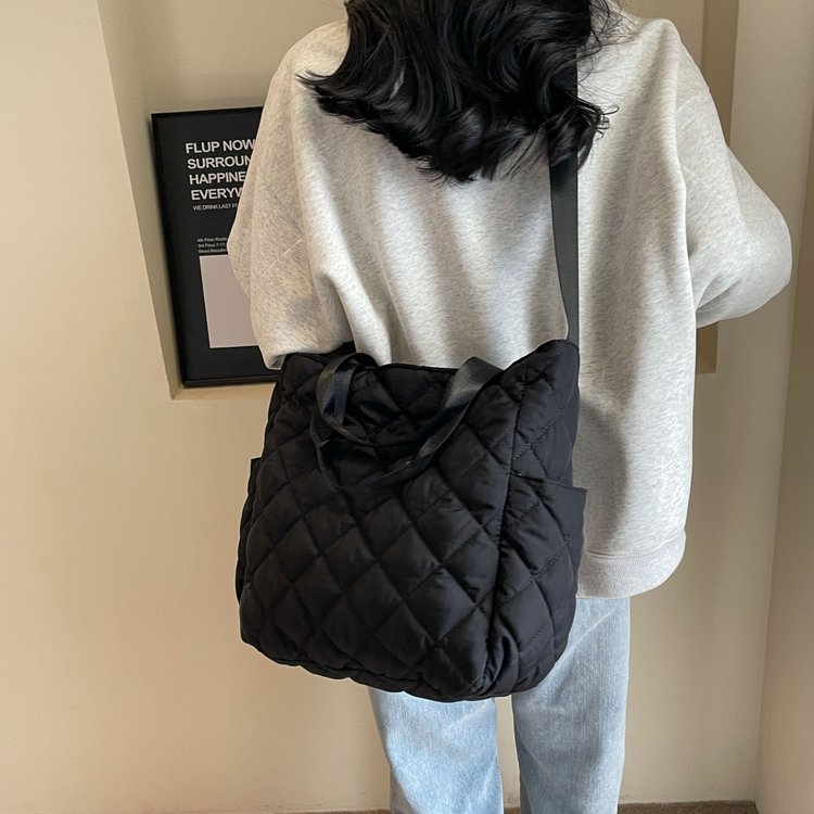 New down cotton handbag rhombus embroidery thread shoulder bag large capacity winter cotton filled casual versatile women's bag