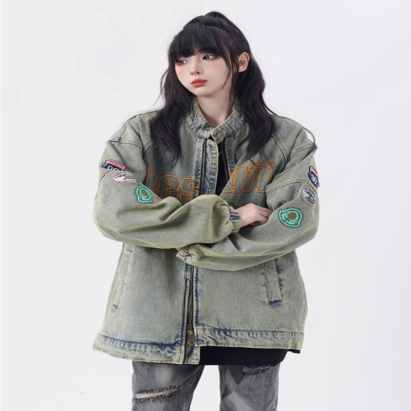 KKyesiou American retro patch embroidered motorcycle style jacket for men and women yellow mud-dyed washed denim baseball uniform