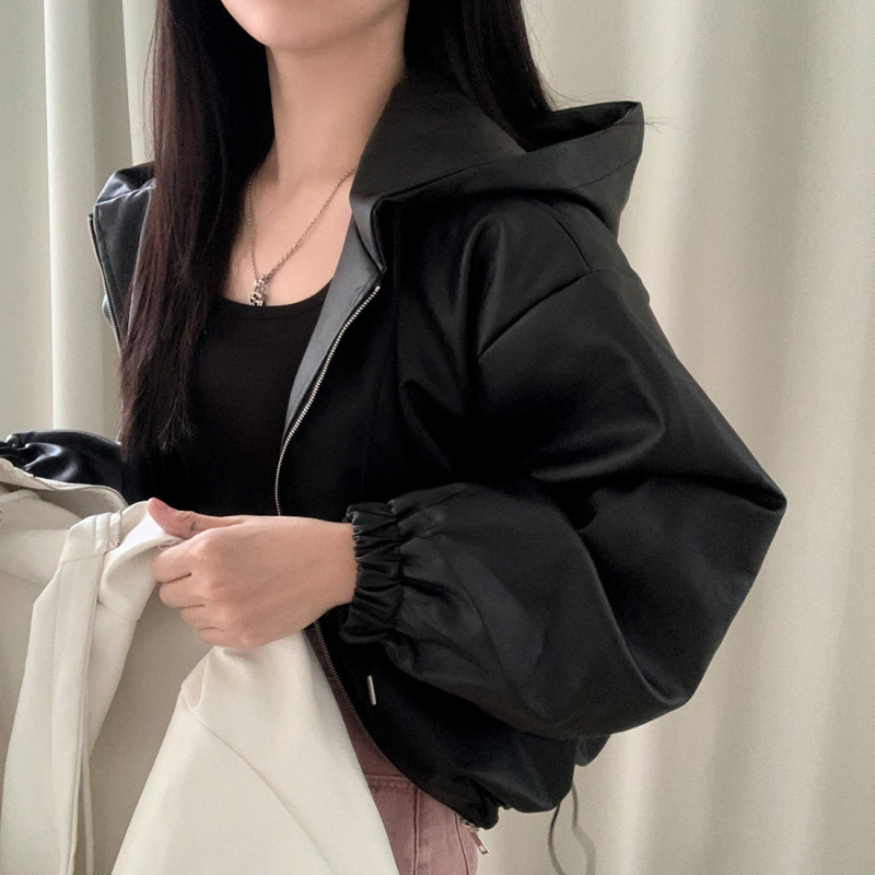 Korean chic hooded small leather jacket short leather jacket