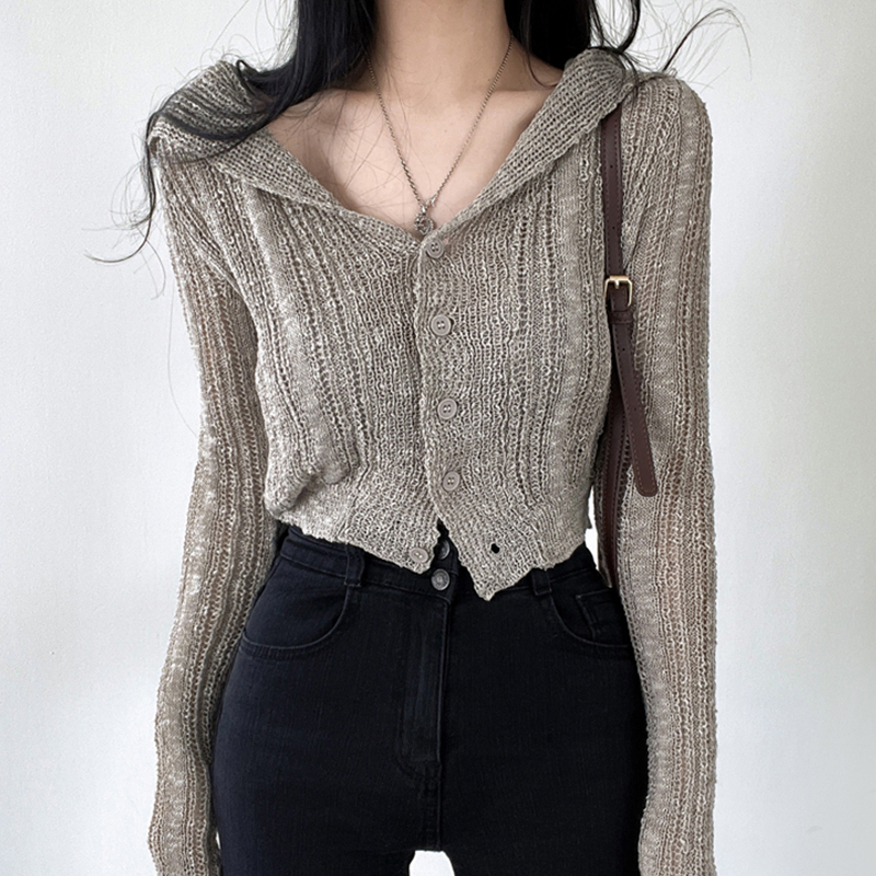 Already shipped knitted cardigan slim pure desire solid color long sleeve sun protection slim top for women
