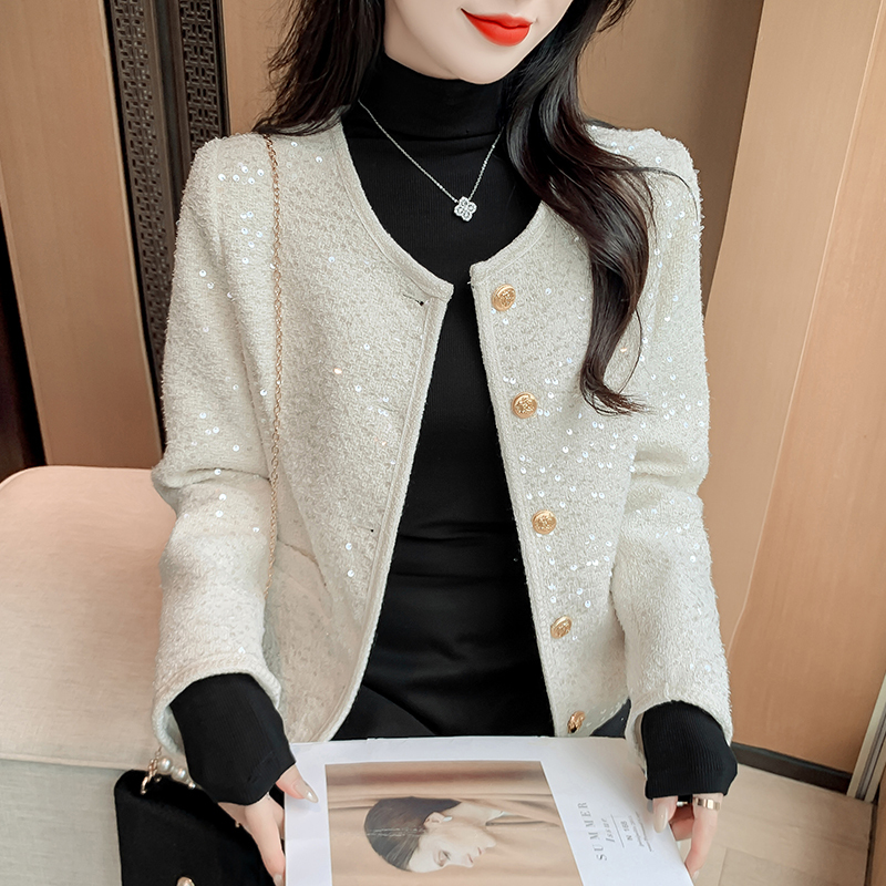 Autumn new style round neck single-breasted sequined loose, simple and versatile small fragrance top jacket for women