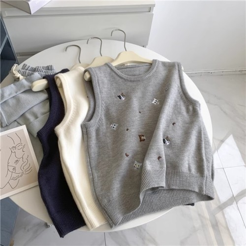 Kitten embroidery college style knitted vest for women gray temperament autumn loose versatile waistcoat top vest for women